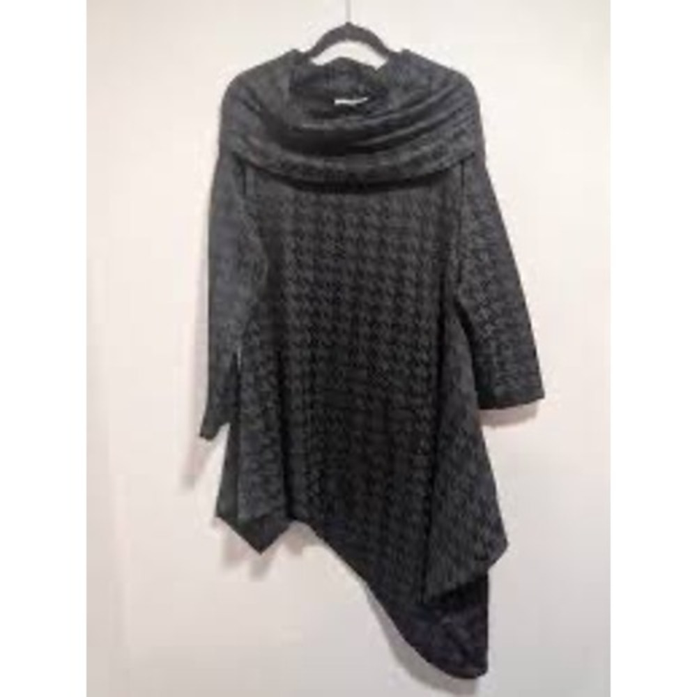 Lagenlook Bryn Walker Houndstooth Cowl Neck Asymmetrical Tunic Top Size S Grey
